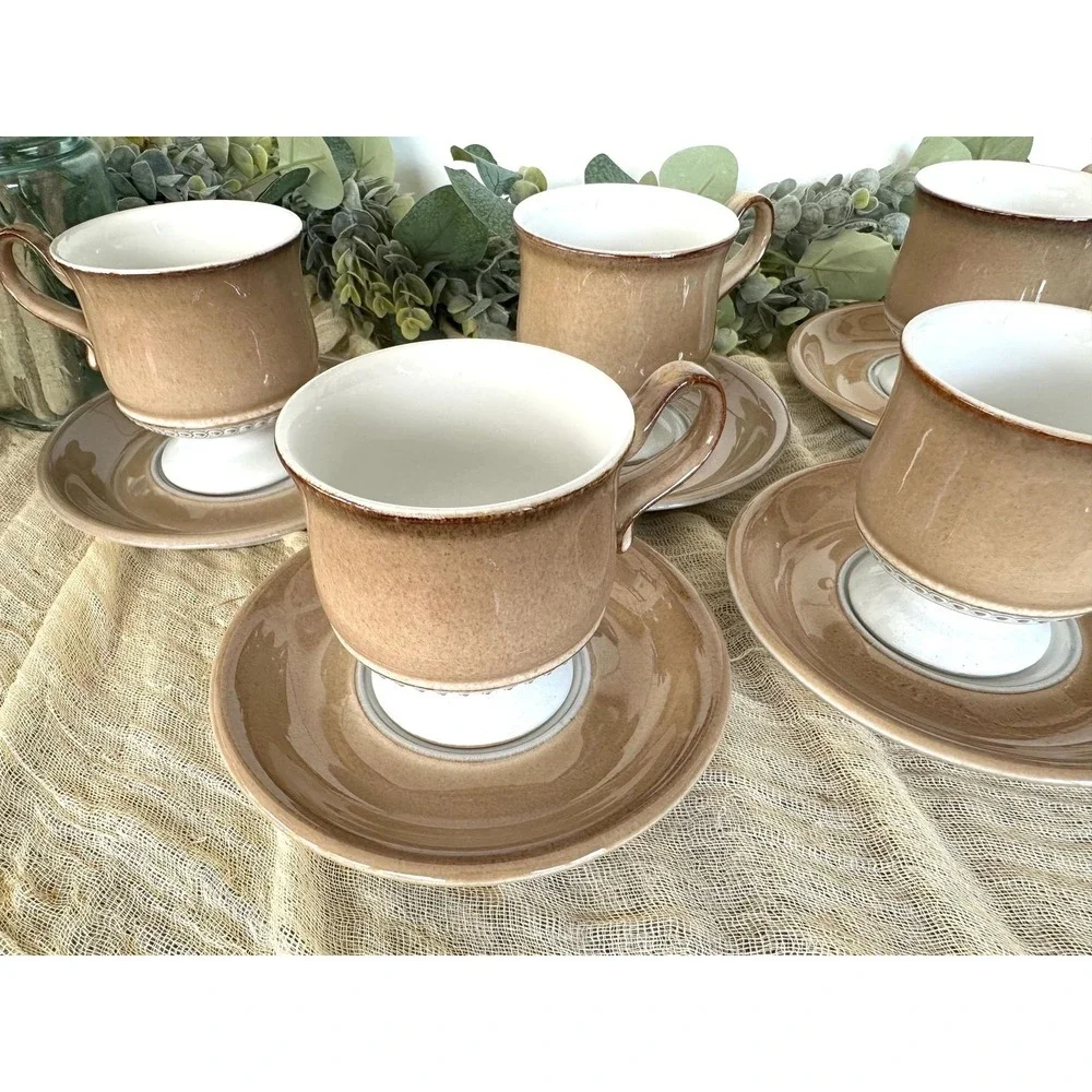 Seven 1980's Seville Denby Langley cup saucer tan cream‎ England Stoneware VTG